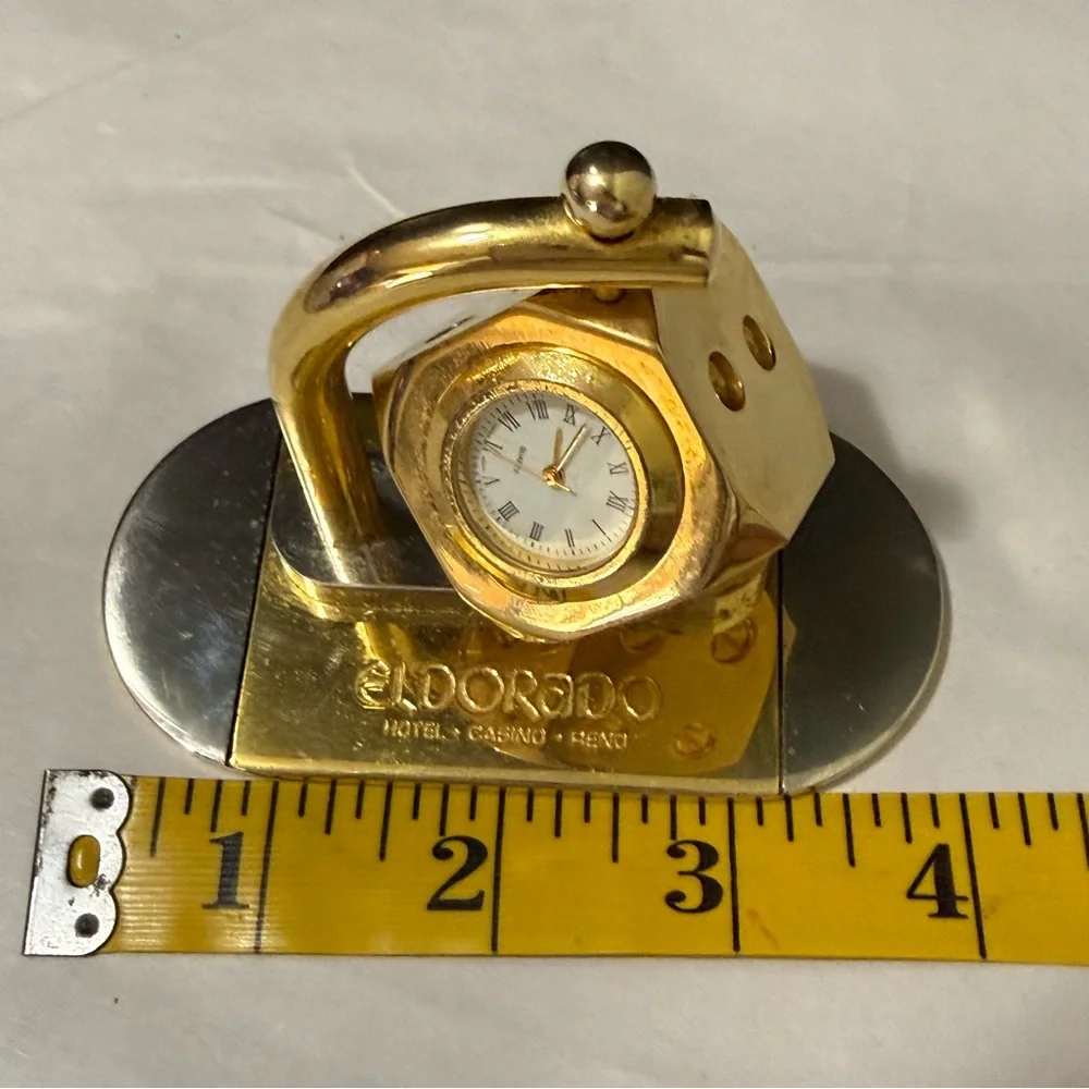 Vintage El Dorado Reno Casino Dice Desk Clock Gold Tone Working Quartz Spinner